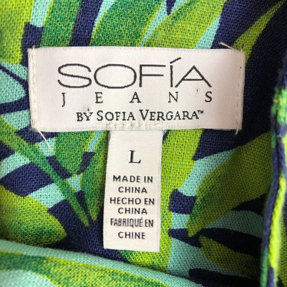 Sofia Jeans Women's Size Large Linen Blend Knot Front Blue Green Leaf Peplum Top - Picture 7 of 14